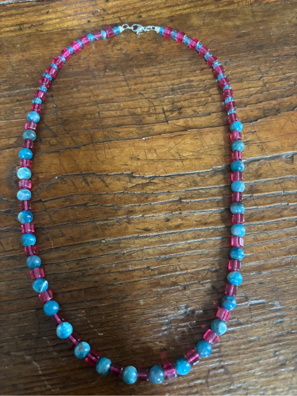 Handcrafted Blue Turquoise and Pink Beaded Necklace